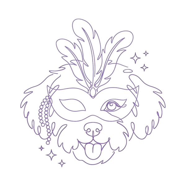 Purple Reign line pup wearing a feathered Mardi Gras mask and beads