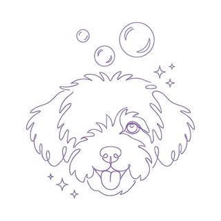 Love Bubble line art: a pup surrounded by floating bubbles, purple on greige
