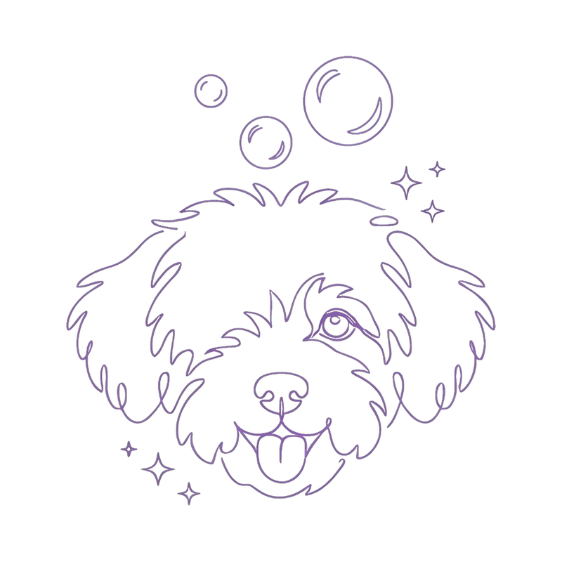 Love Bubble line art: a pup surrounded by floating bubbles, purple on greige