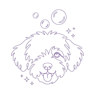 Love Bubble line art: a pup surrounded by floating bubbles, purple on greige