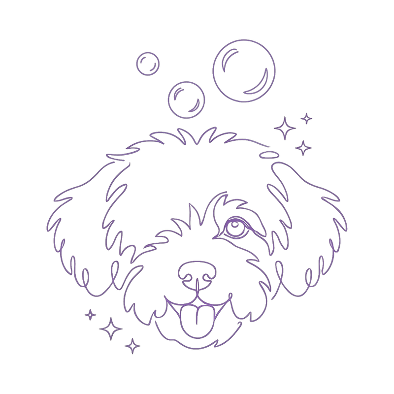 Love Bubble line art: a pup surrounded by floating bubbles, purple on greige