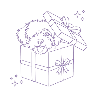 Love Bubble line art: a dog peeking out of an open gift box