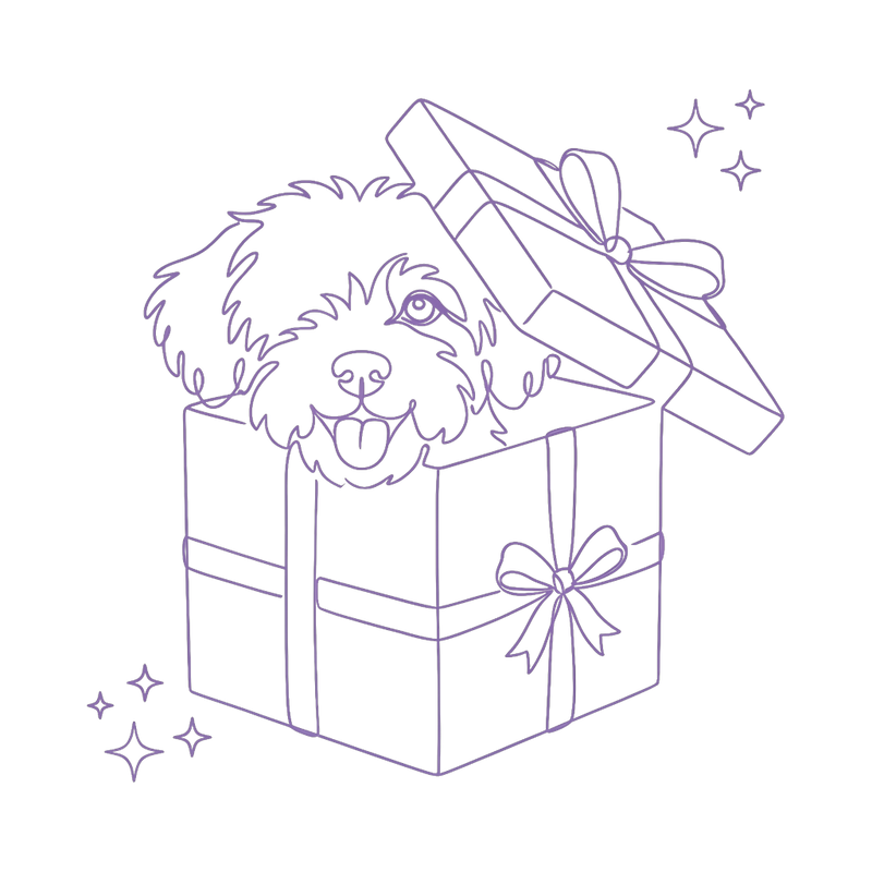 Love Bubble line art: a dog peeking out of an open gift box