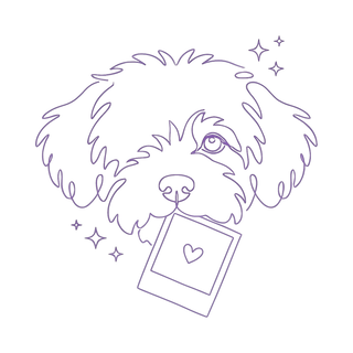 Love Bubble line art: a pup with a polaroid photo, purple on greige