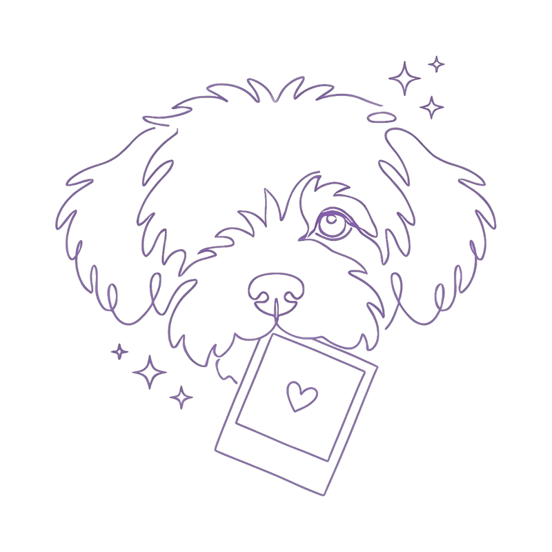 Love Bubble line art: a pup with a polaroid photo, purple on greige
