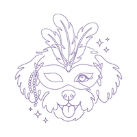 Purple Reign line pup wearing a feathered Mardi Gras mask and beads